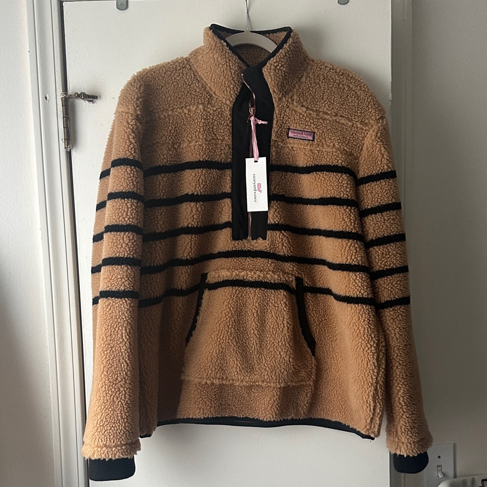 Cozy Tan Fleece Pullover with Black Stripes
